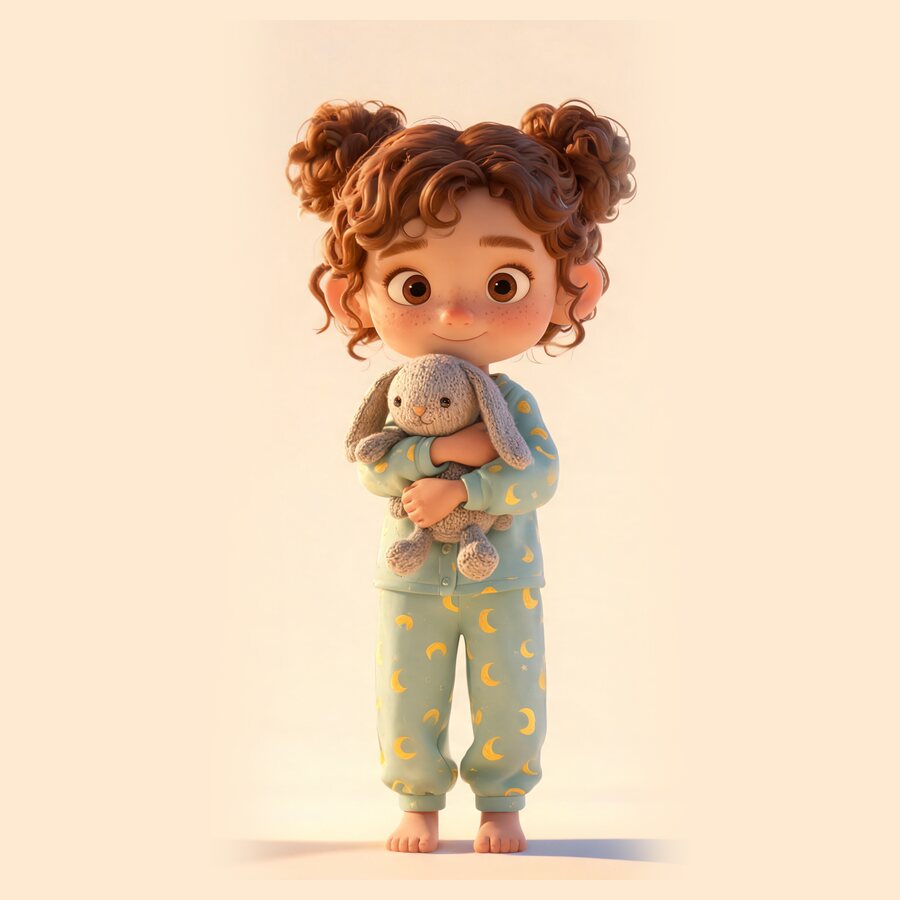 Lily, a smiling six-year-old girl with brown curly hair in two buns