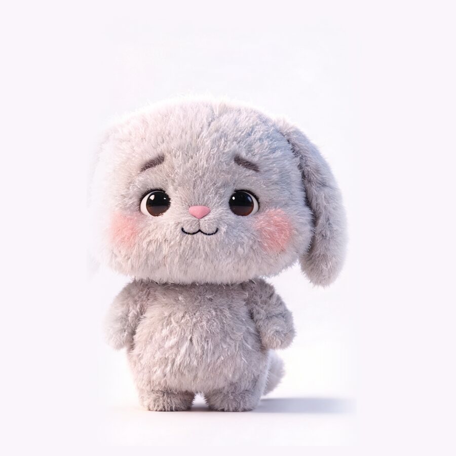 Luna, a soft grey plush bunny with long floppy ears