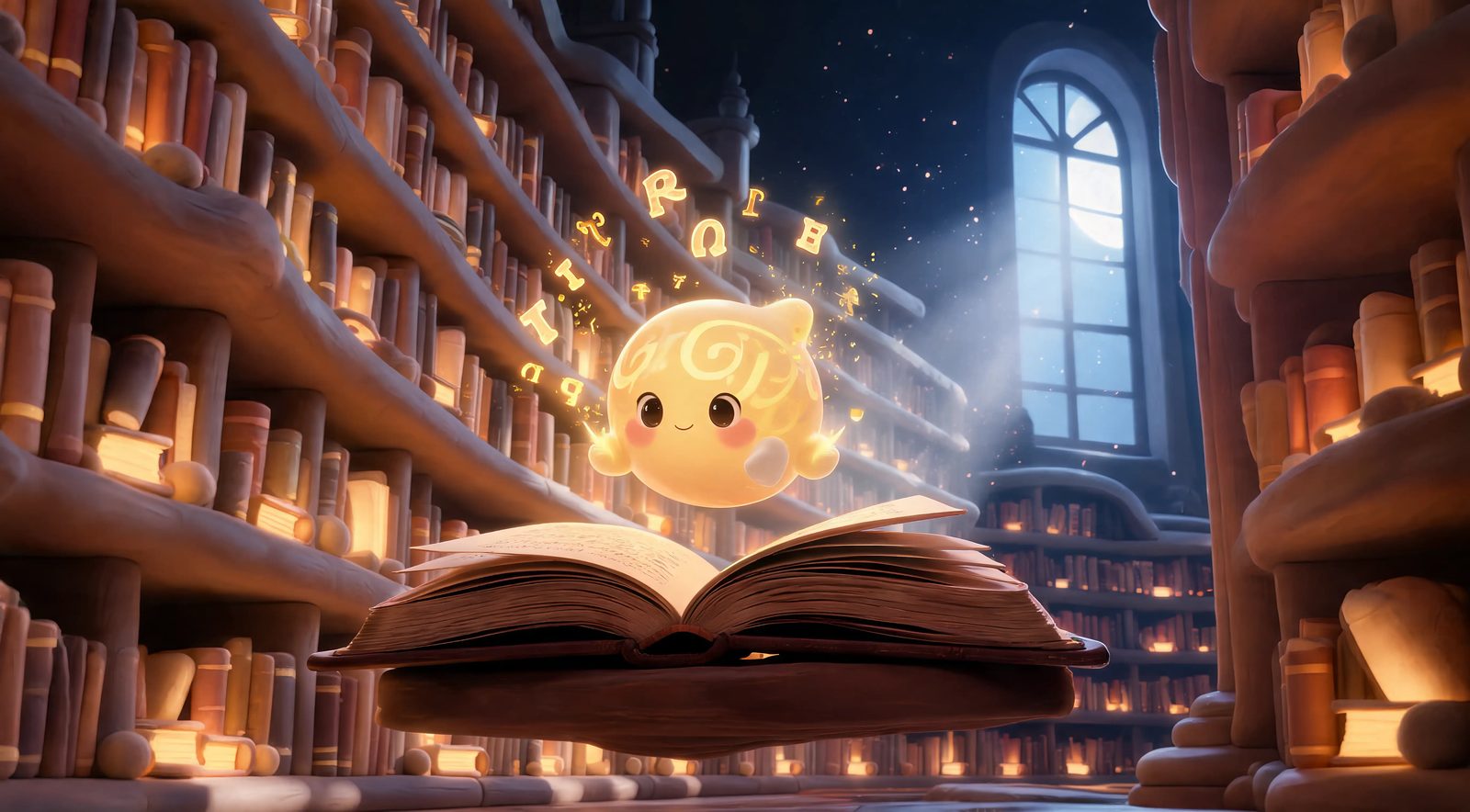 Spark opening its eyes for the first time above an open book in a moonlit library